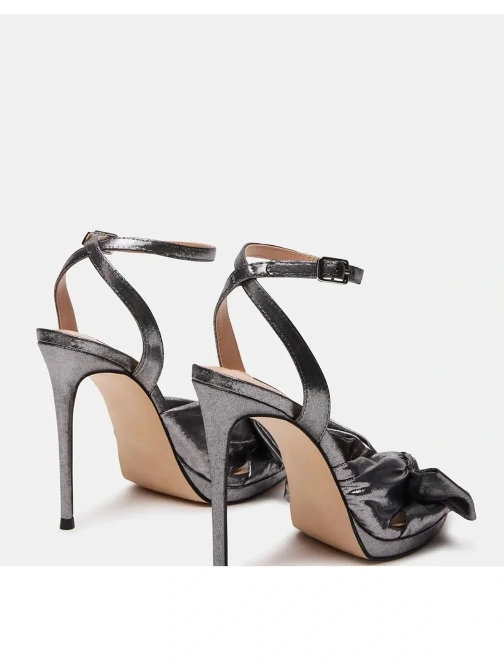 Steve Madden Gunmetal Metallic Silver Knotted Bow Ankle-Strap Heels
